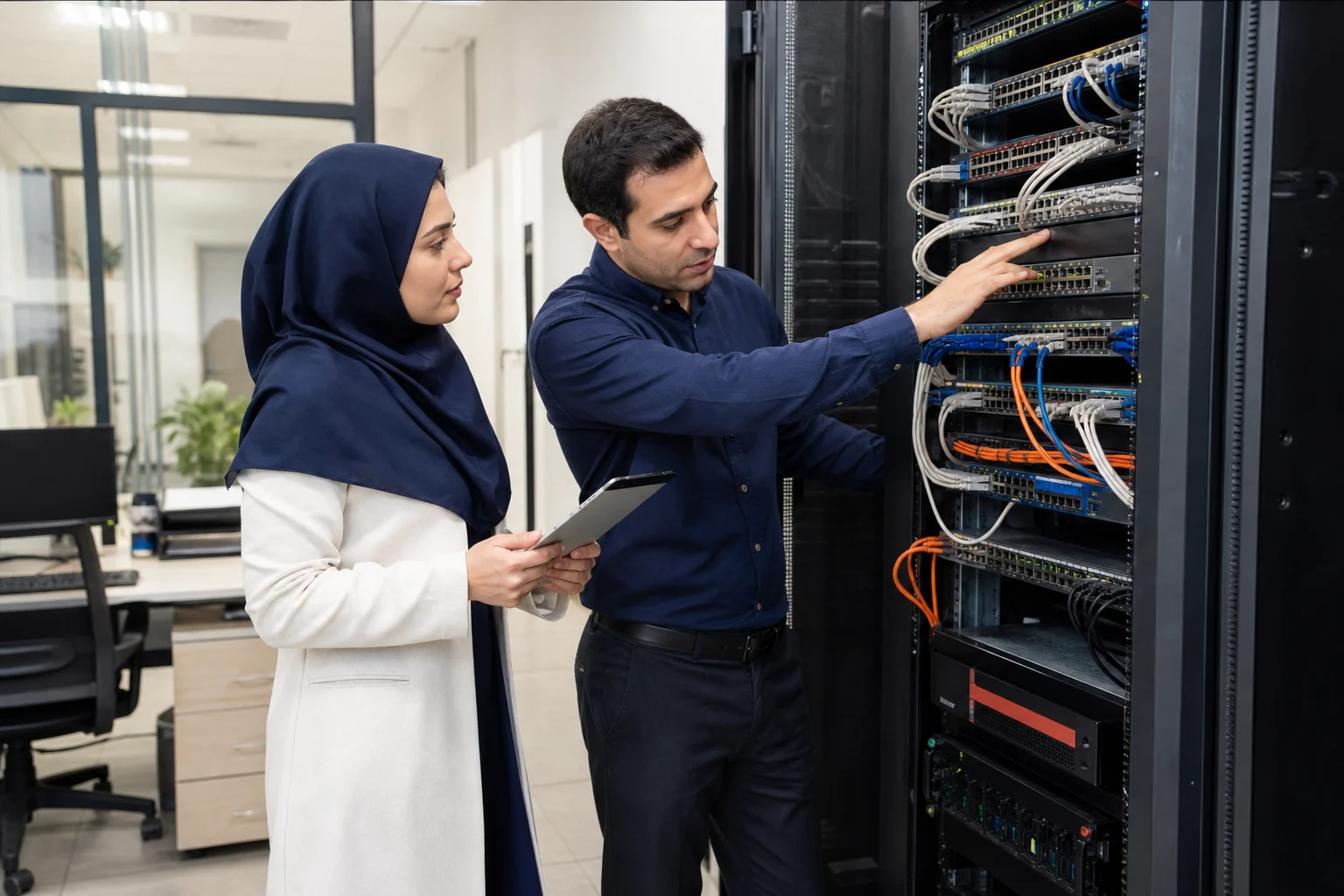 خدمات شبکه شرکت ها توسط کارشناسان ایرانی کارشناسان زن و مرد ایرانی در حال ارائه خدمات شبکه سازمانی
