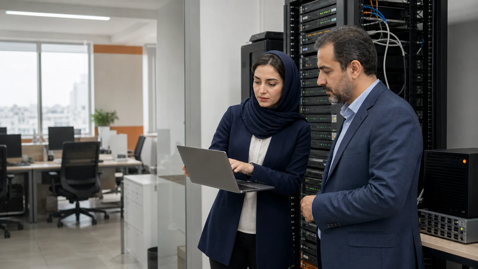 کارشناس زن ایرانی در حال بررسی وضعیت بکاپ سرور شرکت