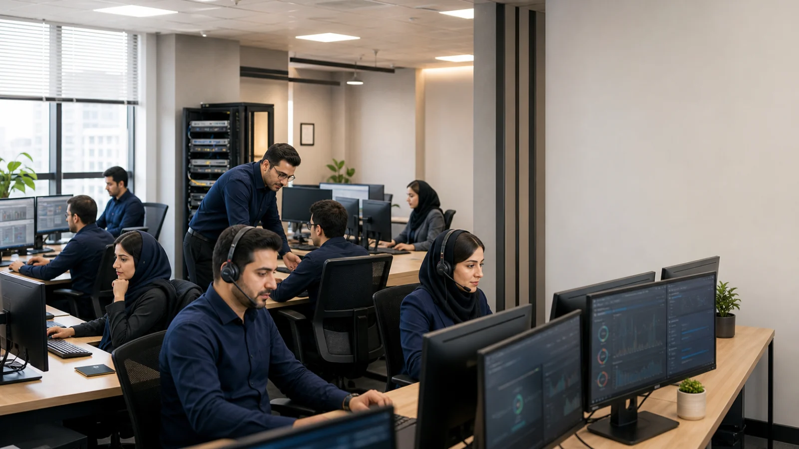 کارشناسان زن و مرد ایرانی مرکز Helpdesk در حال پشتیبانی تلفنی مشتریان