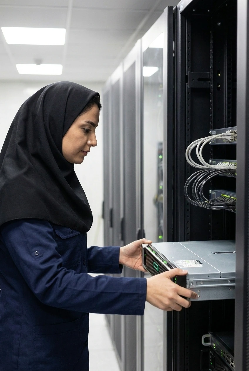 کارشناس پشتیبانی شبکه و سرور در حال بررسی سلامت تجهیزات سرور HP